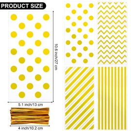 Aodaer 100 Pieces 10.6 x 5.1 In Gold Cellophane Bags Plastic Candy Bag Cellophane Treat Bags Polka Dot Stripes Printed Pattern Goodie Gift Bag with Twist Ties for Birthday, Baby Showers, Weddings Party Supplies