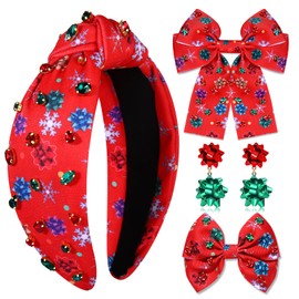 Christmas Headbands for Women, Holiday Headbands, Christmas Hair Bows, Red Plaid Headband Hair Bow Drop Earrings, Christmas Accessories, Christmas Outfits, Winter Holiday Accessories Gifts (Pattern C)
