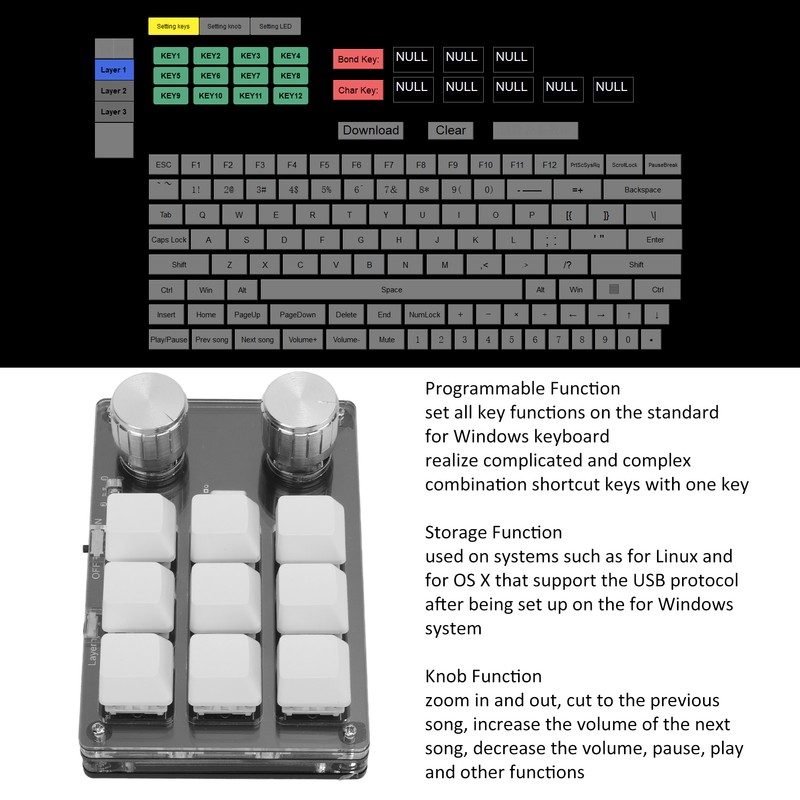Wireless Programmable Shortcut Keyboard USB Bluetooth Dual Mode 9 Keys