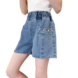 Rolanko Big Girls Denim Shorty Shorts Elastic Waist Kids Summer Jean Shorts with Pearl Casual 4-14 Years (Pearl, 14-16)