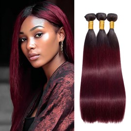 BilltiiWW Ombre 1B99J Hair Straight Bundles Black and Wine red Straight Bundles two tone Brazilian Hair Extensions Soft and Silky for Women 16 18 20 Inch