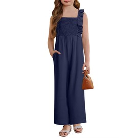 DOKOTOO KIDS Girls Casual Sleeveless Ruffle Jumpsuits One Piece Straight Wide Leg Long Pant Romper for Summer Beach Navy Blue 14-15 Years