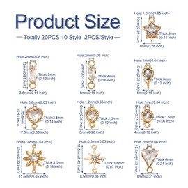 Pandahall 20Pcs Real 18K Gold Plated Brass Cubic Zirconia Links 10 Style Flat Round Teardrop Heart Rectangle Triangle Star Flower Crystal Rhinestone Connector Charms for DIY Bracelet Jewelry Making
