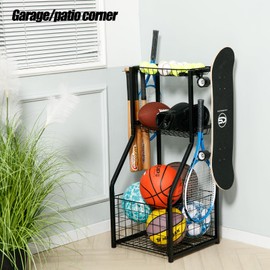 YueTong Sports Equipment Organizer for Garage Organization,Ball Storage With Basketball Holder and Ball Cart Rack,Outdoor Toy Storage with Bin for Nerf Gun,Football,Volleyball Stuf,Gym Accessories