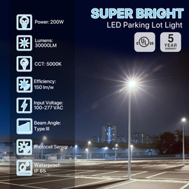 HYPERLITE LED Parking Lot Lights 200W with Dusk to Dawn photocell, 5000k 30,000lm Outdoor Commercial Area Lighting with UL Certified, IP65 LED Pole Lights with Adjustable Slip Fitter mounting