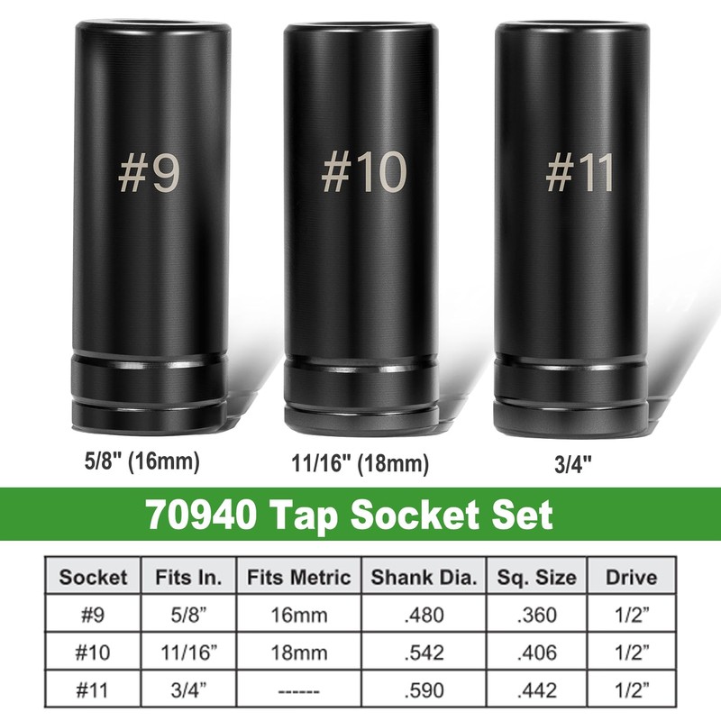 70940 3-Piece Tap Socket Set, 5/8" 11/16" 3/4" #9#10#11