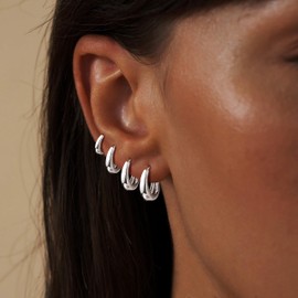 Poxtex Small Sterling Silver Huggie Hoop Earrings Set for Women, 925 Chunky Silver Earrings for Mulpitle Piercing Hypoallergenic Lightweight Trendy Jewelry, Dainty Thick Cartilage Earrings for Women's Gifts 4 Pairs 6/8/10/12mm