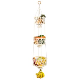 SAUNNIHEN 3-Tier Hanging Fruit Basket, Bamboo Hanging Basket Fruit, Space-Saving Fruit Stand Hanging for Kitchen, Fruit Storage Hanging (120 cm)