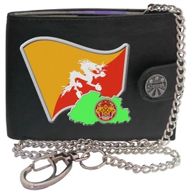 Bhutan Flag Bhutanese Map and Coat of Arms COA KLASSEK Mens Wallet with Chain Real Leather RFID Blocking with Coin Pocket and Metal Gift Box