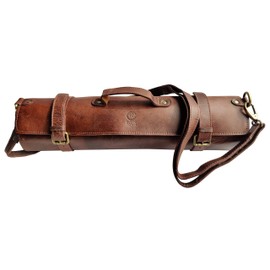Leather Knife Roll Storage Bag | Elastic and Expandable 11 Pockets with Tool Pouch | Adjustable/Detachable Shoulder Strap | Travel-Friendly Chef Knife Case Roll (Walnut Brown)