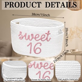 Meanplan Sweet 16 Birthday Gifts Basket with Handles 15 x 9.1 x 7.8 Inch Cotton Rope Basket Sweet 16 Birthday Gifts Stuffers Storage for 16 Teen Girl Party Room Decor