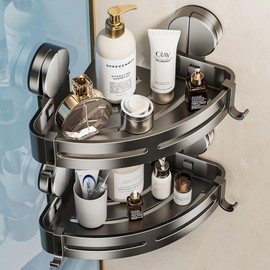 Suction Cup Corner Shower Caddy,Shower Shelves with Hooks,No Drilling Powerful Suction Bathroom Organizers and Storage,Removable Waterproof Rustproof Shower Accessories Decor (2 Pack) (grey)