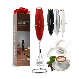 INFOOD Powerful Milk Frother Wand with Stainless Steel Stand and 2 Whisks, Mini Handheld Frother Battery Operated Drink Mixer for Coffee, Lattes, Cappuccino, Hot Chocolate & Egg - Red