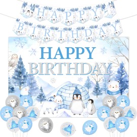 Funmemoir Winter Birthday Party Decorations - Arctic Polar Animal Birthday Backdrop, Happy Birthday Banner, Polar Animals Polar Bear Balloons for Boys Girls Winter Onederland 1st Birthday Decorations