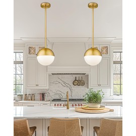 LMS 8 Inch Mid Century Pendant Lights, Brushed Gold Kitchen Island Light Fixtures with White Globe Glass Shade, Adjustable Hanging Rod, 3-Pack for Home Office Dining Room Bathroom, LMS-186BG3PK