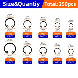 NexSync 250pcs C Type Internal Circlip Hole Clip Snap Ring Mix M8 M9 M10 M12 M13M14 M15 M16 M18 M20 Kit Set Black 65mn Steel Shaft Retaining