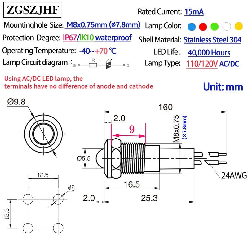 ZGSZJHF UL Listed Mini Indicator Light 8mm 0.31" Waterproof IP67