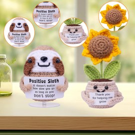 CoFuBcad Funny Positive Crochet Sloth Sunflower Doll with Positive Card Knitted Sunflower Emotional Support Plush Funny Encouragement Gifts for Women Men Gifts Party Decor