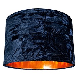 Modern and On-Trend Midnight Blue Crushed Velvet Fabric 12" Table or Pendant Circular Drum Lampshade with Shiny Copper Inner - 60watt Maximum | Perfect for Residential or Commercial by Happy Homewares