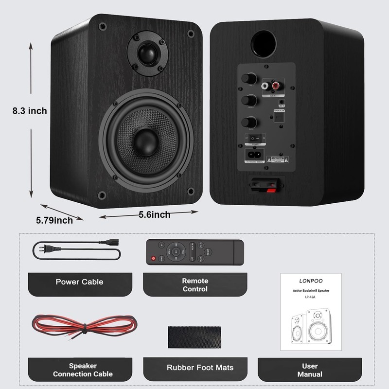 LONPOO Bluetooth Bookshelf Speakers for Turntable - Wireless 60W RMS
