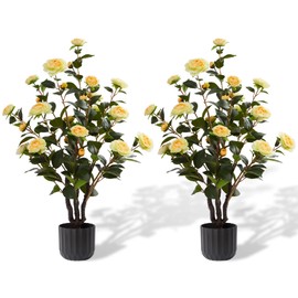 38'' Artificial Faux Camellia Tree Plants for Indoor Outdoor, 2 Pack Fake Yellow Silk Camellia Tree Plants in Cement Pot for Home House Living Room Office Decor