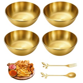 Wjelet 6Pcs Dipping Bowls Set, Small Stainless Steel Sauce Dishes, for Appetizer, Nibbles, Sushi, Condiments, with 1 Spoon &1 Fork, Gold Stainless Steel Dipping Bowls
