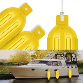 VEITHI Boat Fenders 4 Pack, Ribbed Twin Eyes Vinyl Boat Fenders Bumpers, Boat Bumpers for Docking Come with Ropes Needles and Pump to Inflate, Small Bumpers of Boats 4.5 x 16 inch Neon Yellow