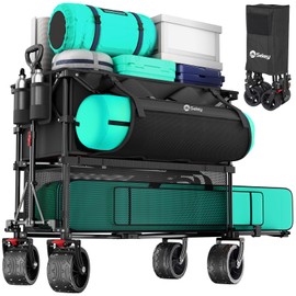 400L Large Capacity Folding Double Decker Wagon with Brakes, 50" Extra Long Extender Cart, 500lbs Heavy Duty Collapsible Wagons, All-Terrain Big Wheels for Camping, Sports, Shopping. Black