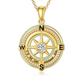 HPQQ Compass Necklace 18k Gold Plated Sterling Silver Green Jade Compass Pendant Birthday Christmas Jewelry Gifts for Women Wife Mom Her, base, base