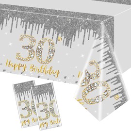 POPOYU 2Pcs 30th Birthday Table Cloth Silver,137*274cm Silver Grey 30th Birthday Party Table Decoration Plastic Waterproof Rectangular Table Cover for Her,Him,Women,Men Birthday Gifts Party Supplies