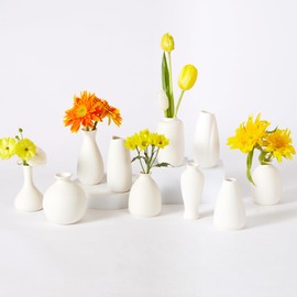 10pc Ceramic Bud Vases Set - 2-3 Inch White Small Vase Collection for Flowers | Boho & Modern Ceramic Vase Set for Table Décor, Wedding, Cute Vase Home Decor