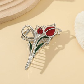 Silver Sweet Red Tulip Flower Metal Hair Claw Clips, Large Hair Claw Hair Non-Slip No Broken Strong Hold Hair Clamps Fashion Hair Accessories for Woman and Girls With Long Thick Thin Curly Hair