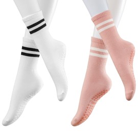 STNFAMILI Pilates Yoga Socks with Grips for Women, Non Slip Grip Socks for Women, Ballet Dance Non Skid Sticky Socks (2 Pairs - White/Pink)