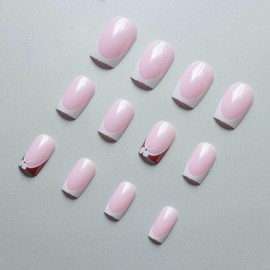 White French Tip Press on Nails Medium Square Fake Nails with Flower Charms Design Glue Cute False Nails Glossy Full Cover Stick Summer Acrylic for Women Manicure 24PCS