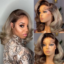 Ombre Ash Gray Blonde Wavy Lace Front Bob Wig Human Hair 200% Density Thicker Ombre Brown Roots with Ash Grey Short Bob Wig Body Wave Pre Plucked 13x4 Ashy Balayage Colored Bob Wig for Women 12 Inch