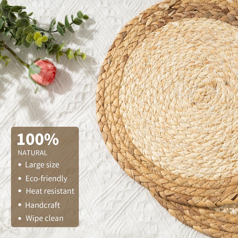 10PC 15-inch Large Round Hand-Woven Natural Placemats | Boho Rustic