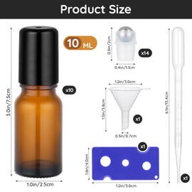 Segbeauty Roll on Flasche Leer 10ml, 10 Stück Anti-Uv Kleine Glasflaschen Zum Befüllen, Aromaflasche mit Edelstahl-Roller Ball, Öffner, Trichter, Pipetten (Braun)