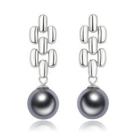 Noir Horse Black Pearl Drop Silver Chain Link Earrings - 925 Sterling Silver with White Gold Plated, 10mm Big Black Pearl Dangle, Statement Jewelry, Gifts for Women