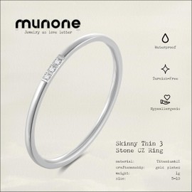 munone 1mm Skinny Thin 3 Stones Flush Set Cubic Zirconia Stackable Band Ring for Women Men,14k Gold Plated Titanium Non Tarnish Comfort Cute Band Rings