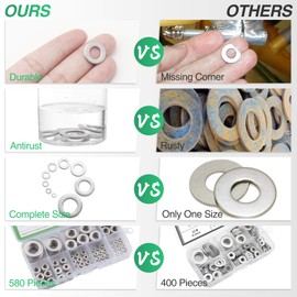 304 Stainless Steel Flat Washers Set 580 Pieces, 9 Sizes - M2 M2.5 M3 M4 M5 M6 M8 M10 M12 Suitable for Home Decoration, Factories Repair, Kitchens, Shops and Outdoor Construction
