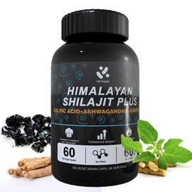 Shilajit Himalayan Supplement 60% Fulvic Acid, 120 Vegan Capsules Supply with Pure Natural Shilajit, Ashwagandha, Ginseng Extract - High in Trace Minerals