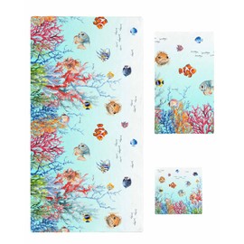 Chees D Zone Bath Towel Sets, Watercolor Colorful Fish Coral Bathroom Towels Soft Hand Towel Washcloth Cotton Towel Set,Absorbent Soft Bath Set for Hotel Beach Pool Retro Ocean Animal Focus Towels