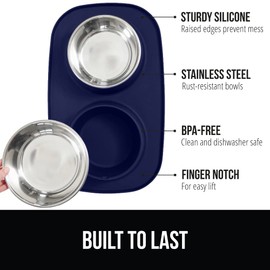 Gorilla Grip 100% Waterproof BPA Free Cat and Dog Bowls Silicone Feeding Mat Set, Stainless Steel Bowl Slip Resistant Raised Edges, Catch Water, Food Mess, No Spills, Pet Accessories, 1 Cup, Navy