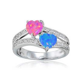 Ice Gems Sterling Silver Created Pink and Blue Opal and White Topaz Double Heart Friendship Ring, Size 6