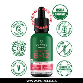 Organic Sublingual Active Vitamin B12 50ml - Best Tasting USDA Organic vitamin B12 - Fast acting for all ages. Natural, Kosher, Vegan, Non-GMO. All Natural - Energy, Endurance, Mood, and Heart Health Supplement - No Fillers, No Artificial Ingredients. 50-Day Supply