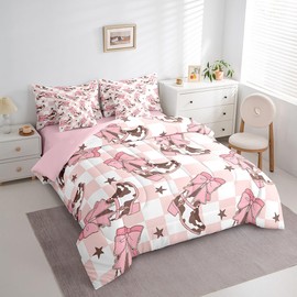 Feelyou Pink Western Bedding Set All Season Cowgirl Cowboy Boots Comforter Set 7 Pieces Cute Bowknot Dreamy Princess Style Bed in a Bag Full Size Plaid Bed Set with Comforter, Sheet Set, Pillowcases