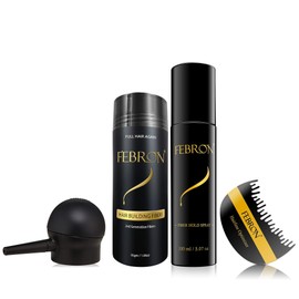 FEBRON Full Tool Kit (4 Items) 30gm Hair Building fibers Bottle, 150ml FiberHold Spray, Pump, Hairline Optimizer (Medium Brown)