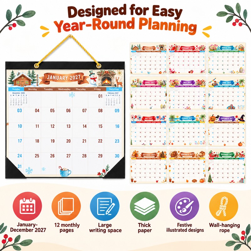 2027 Wall Calendar for Daily Planning – Festive Watercolor Art