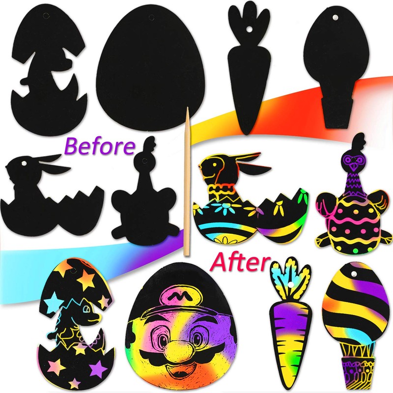 FINGOOO 48 pieces Easter Scratch Art for Kids Egg Scratch
