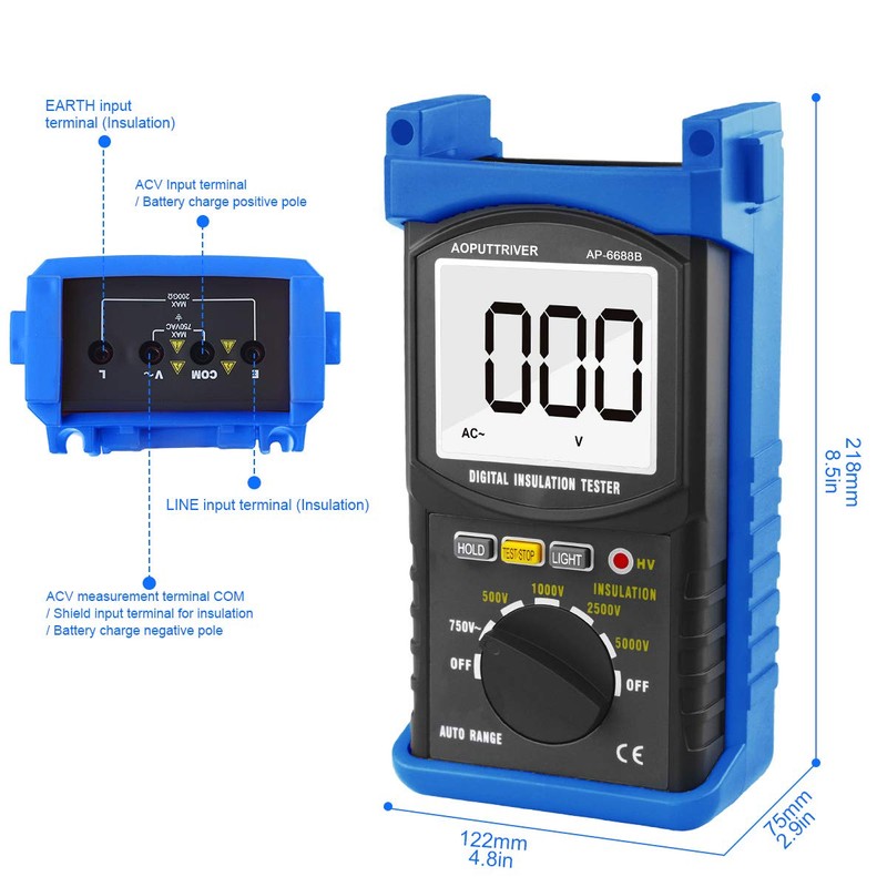 Insulation Tester Megohmmeter 200G Ohm Megger Multimeter Measures 500/1000/2500/5000V Voltage,